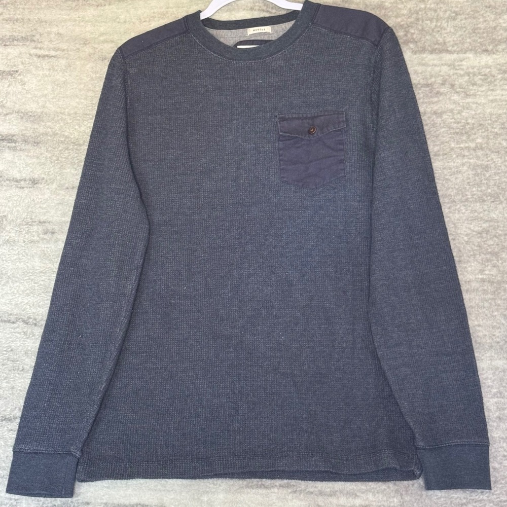 Abercrombie & Fitch Mens Muscle Fit Waffle Knit Thermal Long Sleeve Navy Blue L